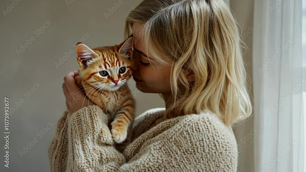 Blonde in a light sweater holding an orange kitten in a spacious, softly lit room with neutral decor, Blonde in a light sweater holding an orange kitten in a spacious, softly lit room with neutral decor,