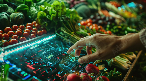 Obraz na płótnie A Person Interacting With a Futuristic Digital Interface While Selecting Fresh Produce at a Vibrant Market During Daylight Hours w salonie