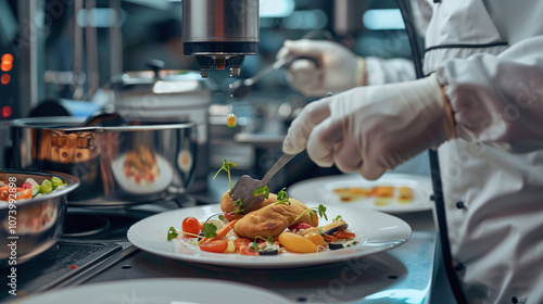 A Chef Carefully Plating a Gourmet Dish With Vibrant Vegetables and Delicate Garnishes in a Busy Restaurant Kitchen During Dinner Service