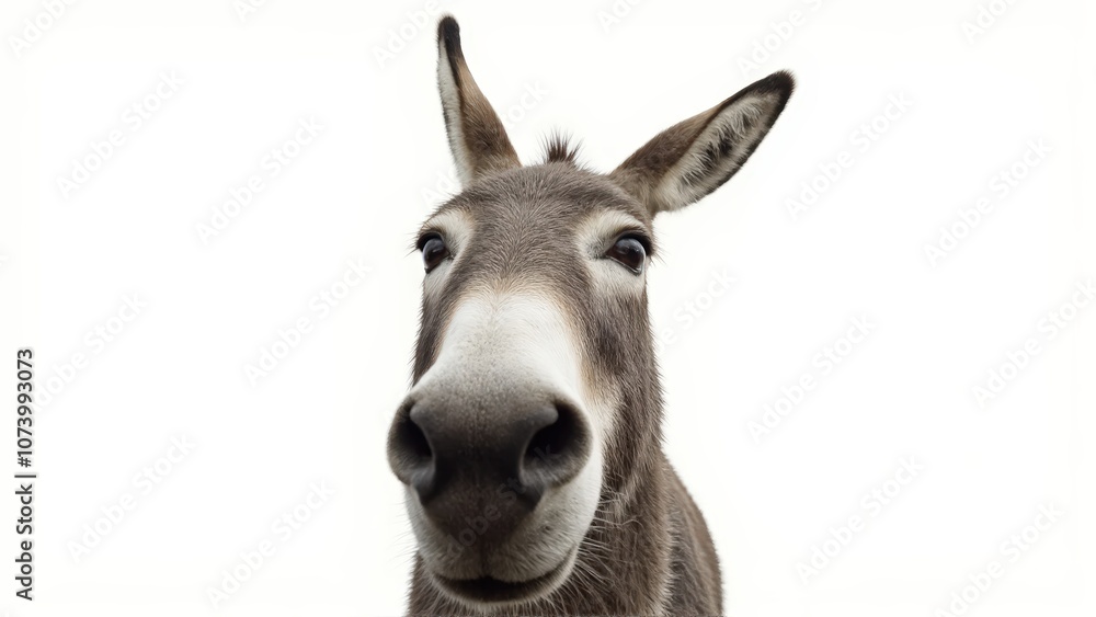 Generative AI, close-up of a gray donkey with soulful eyes against white background Generative AI, close-up of a gray donkey with soulful eyes against white background