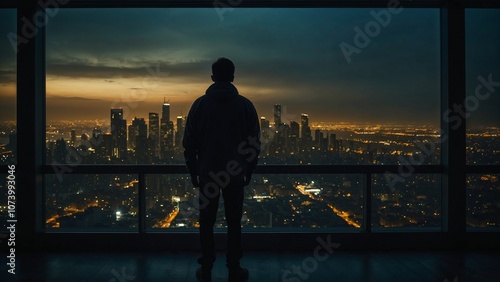Man alone overlooking city skyline at dusk