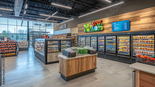 Modern supermarket interior with fully stocked freezer section retail store photography