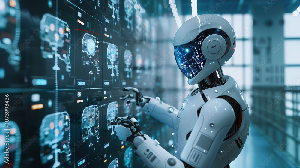 A Humanoid Robot Interacts With Advanced Digital Displays in a High-Tech Research Facility, Showcasing the Integration of Artificial Intelligence and Robotics A Humanoid Robot Interacts With Advanced Digital Displays in a High-Tech Research Facility, Showcasing the Integration of Artificial Intelligence and Robotics