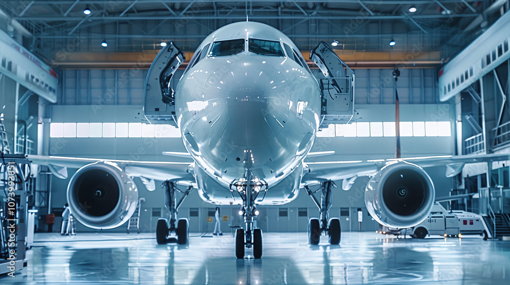 A Commercial Aircraft Being Serviced and Prepared for Takeoff at an Airport Hangar in Bright Light During Daytime, Showcasing Airport Operations and Maintenance A Commercial Aircraft Being Serviced and Prepared for Takeoff at an Airport Hangar in Bright Light During Daytime, Showcasing Airport Operations and Maintenance