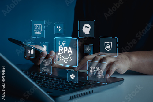 RPA, Robotic process automation innovation technology concept. Artificial intelligence. Man use laptop with virtual AI technology to automate business tasks. Digital transformation, change management. photo