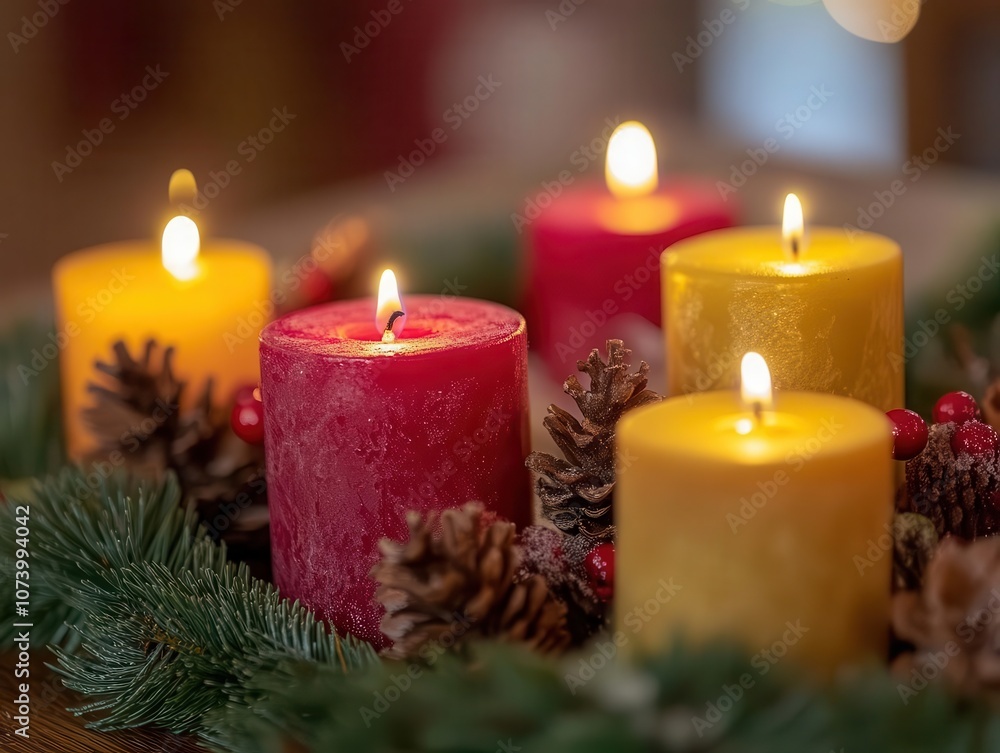 Christmas candles and wreaths with vibrant colors, soft lighting, cozy atmosphere Christmas candles and wreaths with vibrant colors, soft lighting, cozy atmosphere