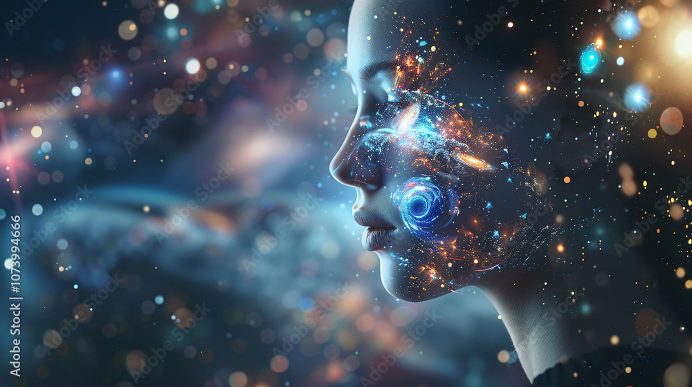 A Profile of a Woman Against a Cosmic Background, Blending Human Features With Swirling Galaxies, Stars, and Bright Celestial Elements During a Starry Night A Profile of a Woman Against a Cosmic Background, Blending Human Features With Swirling Galaxies, Stars, and Bright Celestial Elements During a Starry Night