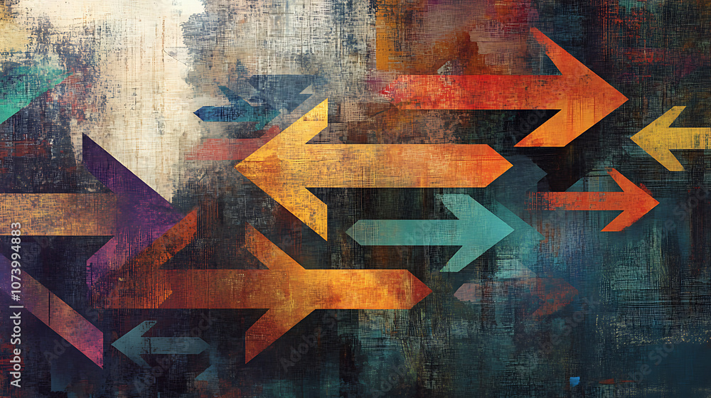 Thoughtprovoking digital illustration of arrows pointing in various directions on an artistic background symbolizing the complexity of decisionmaking and life choices Thoughtprovoking digital illustration of arrows pointing in various directions on an artistic background symbolizing the complexity of decisionmaking and life choices