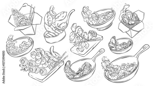 Flying Asian food line icons set. Fried rice and noodles box, wok with falling seafood, Japanese sushi and rolls. Asian cuisine mascot, hand drawn fast food icon collection vector illustration