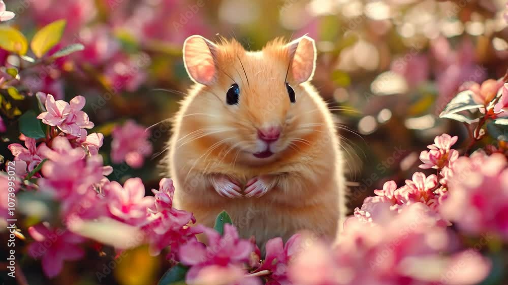 small cute hamster sitting among blooming bushes with pink flowers in the background softly lit by daylight small cute hamster sitting among blooming bushes with pink flowers in the background softly lit by daylight