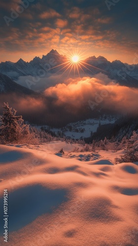 Snowy panoramic landscape at sunset. Fantastic winter landscape.