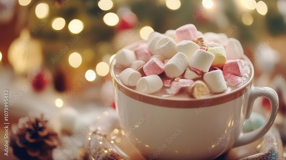Christmas hot chocolate with vibrant marshmallows, soft lighting, cozy home setting Christmas hot chocolate with vibrant marshmallows, soft lighting, cozy home setting