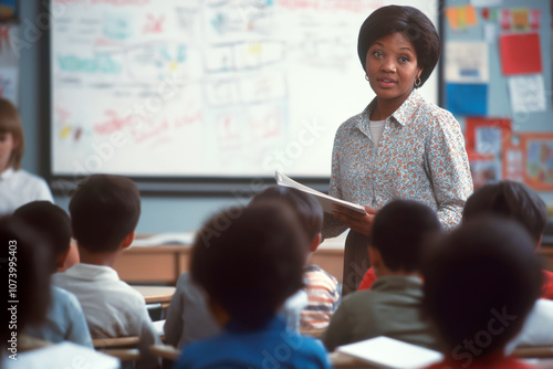 An African American female teacher engaging a classroom of young students, holding materials, with a whiteboard covered in educational content in the background photo