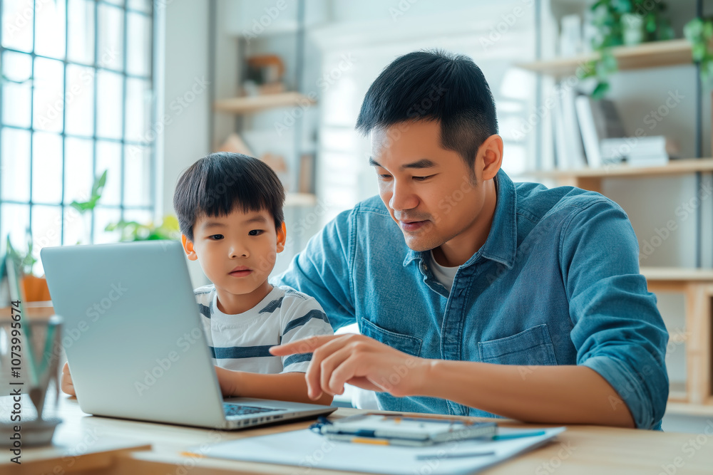 Asian father assisting his young son with a laptop in a bright, homey setting, fostering learning or bonding through technology Asian father assisting his young son with a laptop in a bright, homey setting, fostering learning or bonding through technology