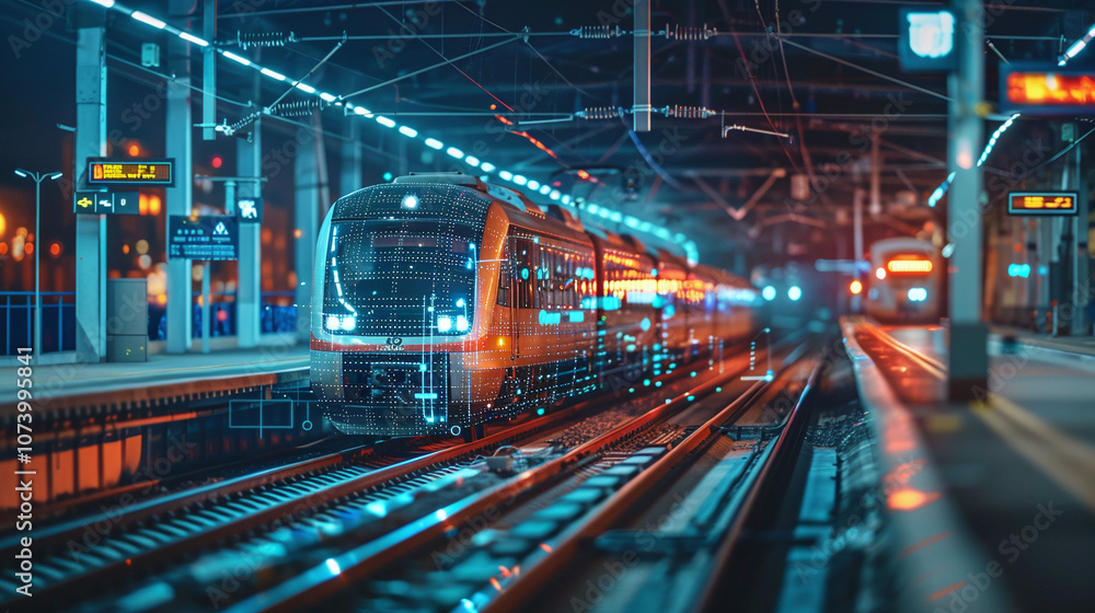 A Futuristic Train Approaches the Platform at a Busy Urban Station Illuminated by Vibrant Lights During the Night