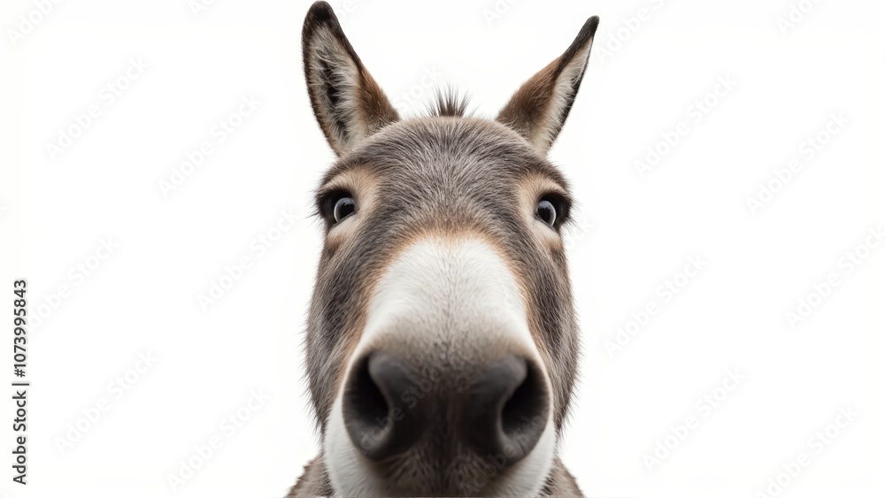 Generative AI, close-up of a gray donkey with soulful eyes against white background Generative AI, close-up of a gray donkey with soulful eyes against white background