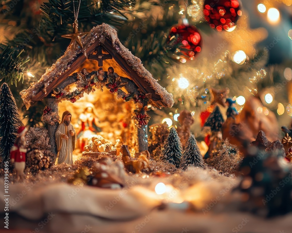 Christmas nativity scene with vibrant lighting, soft glow, serene holiday atmosphere Christmas nativity scene with vibrant lighting, soft glow, serene holiday atmosphere