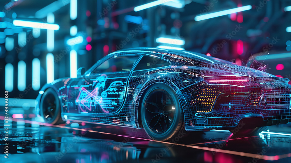 A Sleek Futuristic Car Displayed in a Neon-Lit Showroom, Showcasing Advanced Holographic Designs and Modern Technology, Captured in a Captivating Evening Setting A Sleek Futuristic Car Displayed in a Neon-Lit Showroom, Showcasing Advanced Holographic Designs and Modern Technology, Captured in a Captivating Evening Setting