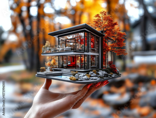 A human hand holding a miniature house model represents the concept of a new home or property. The image symbolizes mortgage, home loan, and financial security, conveying themes of stability, owner