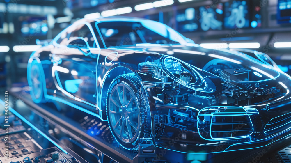 A Futuristic Transparent Sports Car on Display in a High-Tech Showroom, Showcasing Intricate Mechanical Details and Glowing Blue Lines Against a Modern Backdrop A Futuristic Transparent Sports Car on Display in a High-Tech Showroom, Showcasing Intricate Mechanical Details and Glowing Blue Lines Against a Modern Backdrop