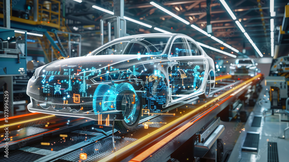 A Modern Automotive Assembly Line Showcasing a Car Design Process, With Digital Technology Visualizations Enhancing the Production Experience in a High-Tech Factory Environment