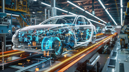 Obraz na płótnie A Modern Automotive Assembly Line Showcasing a Car Design Process, With Digital Technology Visualizations Enhancing the Production Experience in a High-Tech Factory Environment w salonie