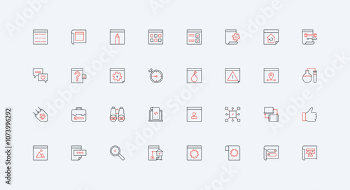 Web development, software coding, algorithms line icon set. Browser window with gear alert signs, programs to develop and rebuild webpage thin black and red outline symbols vector illustration