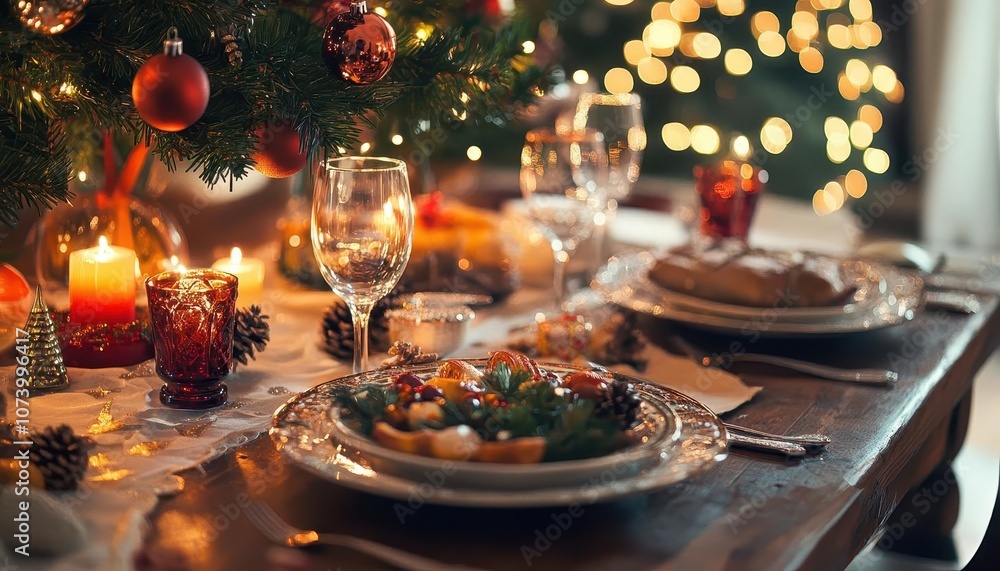 Christmas table setting with vibrant decor, soft lighting, cozy family dinner Christmas table setting with vibrant decor, soft lighting, cozy family dinner