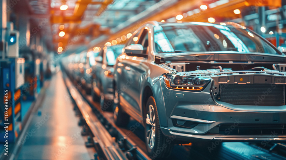Automobile Assembly Line Showcasing Multiple Cars in Various Production Stages Within a Modern Manufacturing Facility During Daytime Operations Automobile Assembly Line Showcasing Multiple Cars in Various Production Stages Within a Modern Manufacturing Facility During Daytime Operations