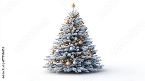 Elegant Christmas tree with golden garlands and silver baubles, perfectly shaped and isolated on a crisp white background, festive and bright