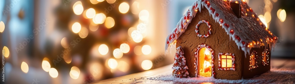Gingerbread house with vibrant icing, soft glow, cozy kitchen, festive atmosphere Gingerbread house with vibrant icing, soft glow, cozy kitchen, festive atmosphere