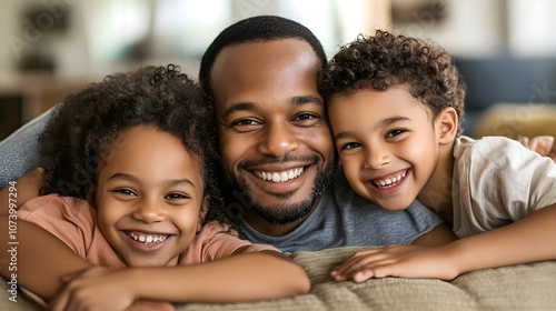 A man and two children laying on a couch smiling