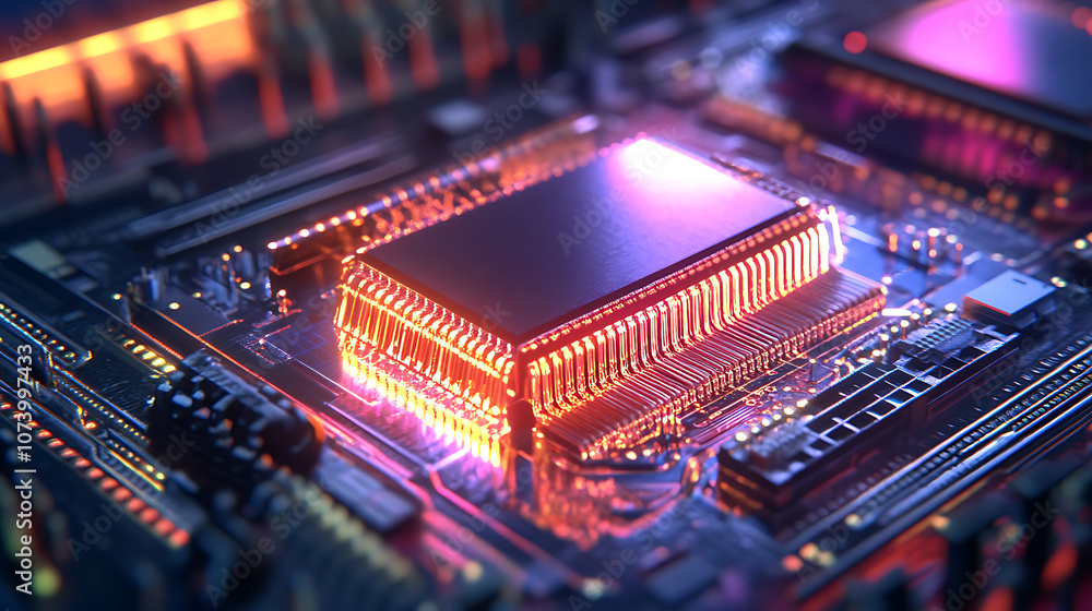 Obraz premium Futuristic quantum computing processor in supercomputer server room 3d illustration