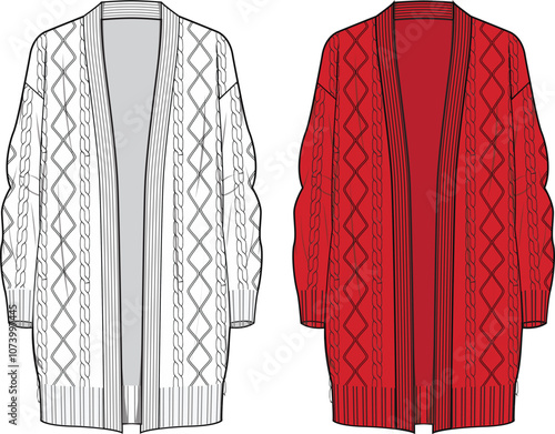 Women's Chunky Cable Cardigan. Technical fashion illustration. Front, white and red colour. Women's CAD mock-up.