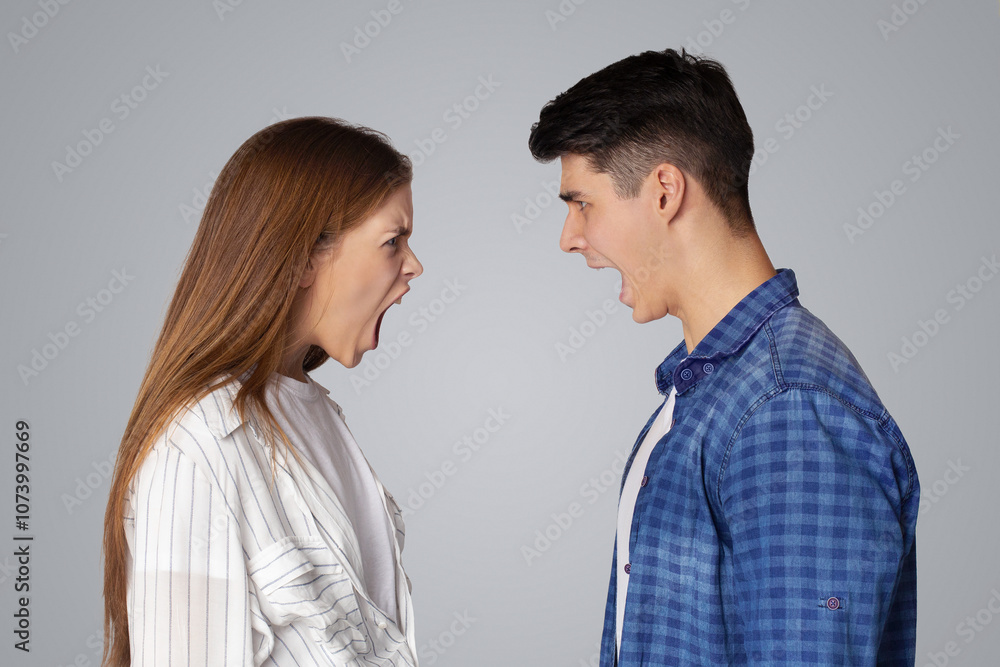 Breakup of relations, quarrel, problems in couple and scandal. Angry aggressive young man and lady yelling at each other with open mouths, isolated on gray background, studio shot, profile, free space Breakup of relations, quarrel, problems in couple and scandal. Angry aggressive young man and lady yelling at each other with open mouths, isolated on gray background, studio shot, profile, free space