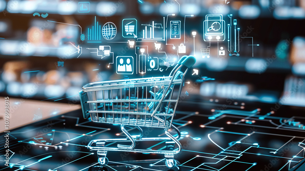 A Digital Shopping Cart Surrounded by Virtual Icons Symbolizing Online Retail and E-Commerce Technologies in a Modern Environment