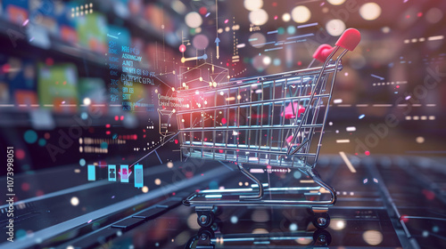 Obraz na płótnie A Digital Shopping Cart Stands in a Vibrant Supermarket Aisle Filled With Products, Showcasing the Intersection of Technology and Retail Experience in Modern Consumer Environments w salonie