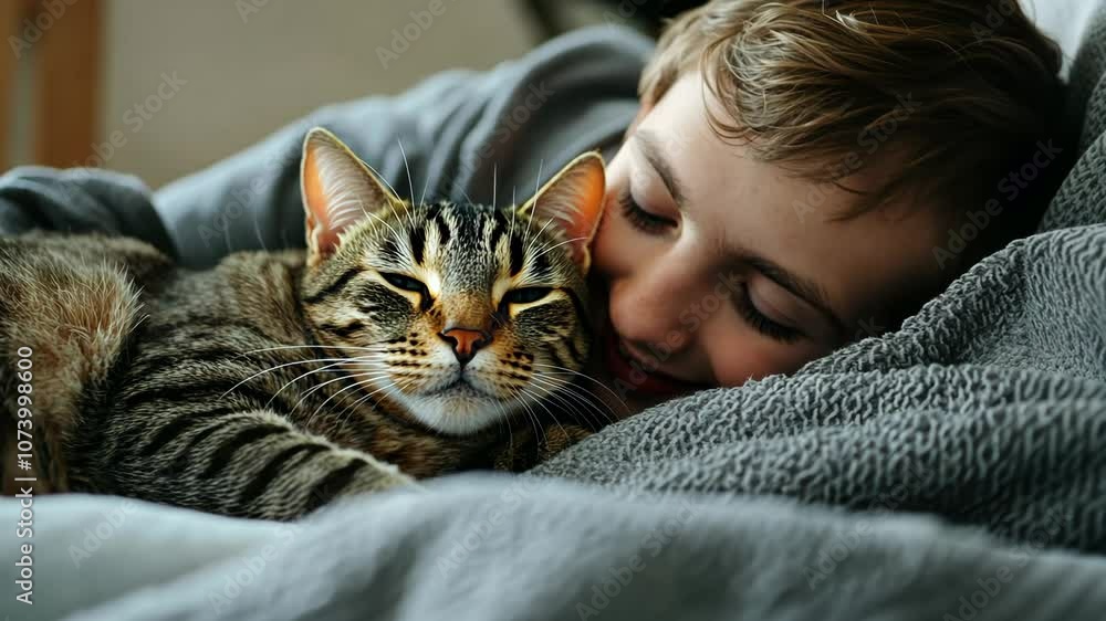 Young man hugging a striped cat, lying on a bed with a gray blanket, relaxed setting, natural light Young man hugging a striped cat, lying on a bed with a gray blanket, relaxed setting, natural light