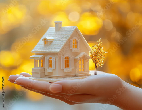 A woman's hand holding  holding a miniature house model, representing the concept of a new home or property. The image symbolizes mortgage, home loan, and financial security