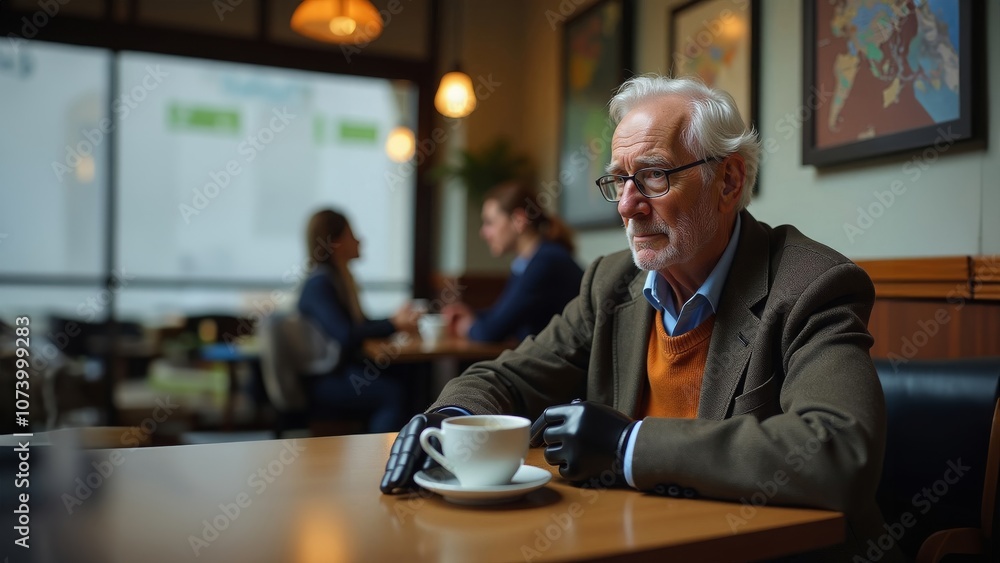 Elderly man enjoying a cup of coffee while sitting alone in a cozy café during the afternoon Elderly man enjoying a cup of coffee while sitting alone in a cozy café during the afternoon