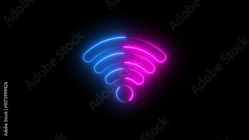 neon illustration of wifi sign on black background, blue and pink glowing lines