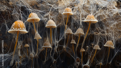 Intricate mycelium network enveloping mushroom stem base microscopic fungal thread tapestry abstract nature photography photo