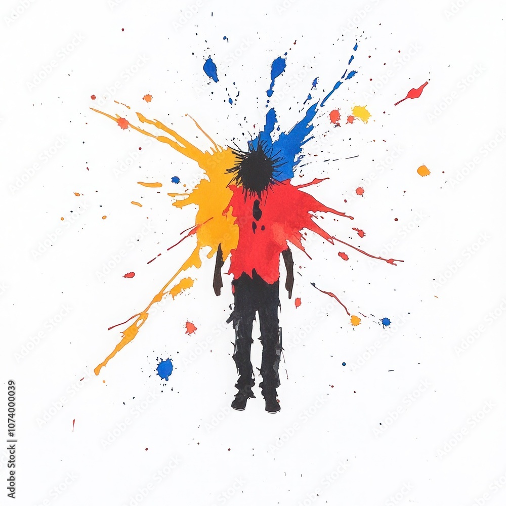Chaos and Serenity: Watercolor Silhouette Man Depicts Mental Health Amidst Paint Splatter Chaos and Serenity: Watercolor Silhouette Man Depicts Mental Health Amidst Paint Splatter
