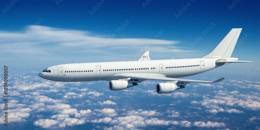 White passenger airplane flying above clouds on blue sky background White passenger airplane flying above clouds on blue sky background