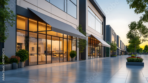 Fototapeta Naklejka Na Ścianę i Meble -  Modern retail and business complex with sleek awning inviting storefront and office space for rent or purchase 3d illustration