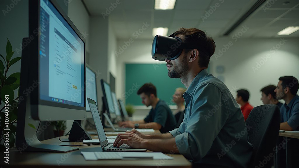 Student engaged in virtual reality learning at university computer lab during the afternoon Student engaged in virtual reality learning at university computer lab during the afternoon
