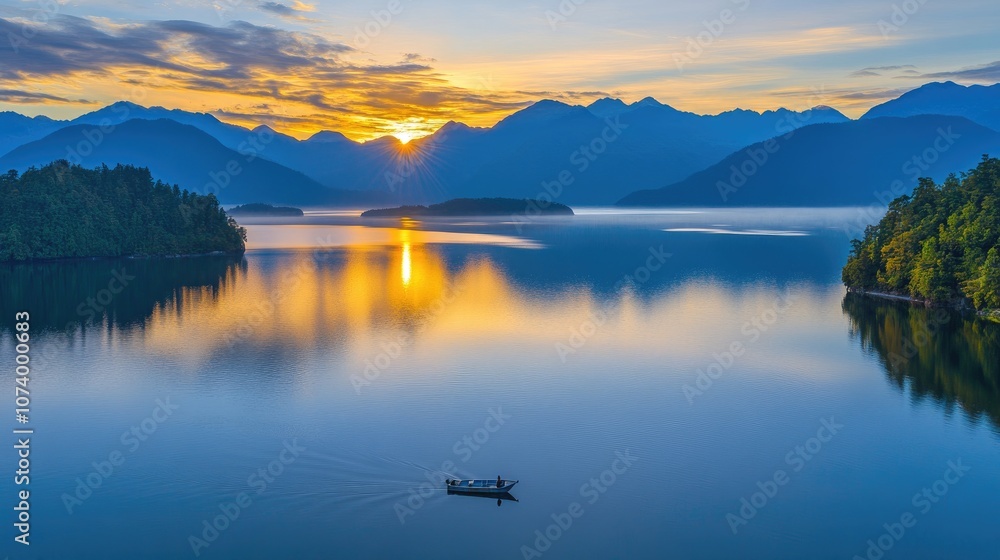 Serene Sunrise Reflection Over Calm Waters with a Small Boat Surrounded by Majestic Mountains and Lush Greenery in Tranquil Natural Landscape Serene Sunrise Reflection Over Calm Waters with a Small Boat Surrounded by Majestic Mountains and Lush Greenery in Tranquil Natural Landscape