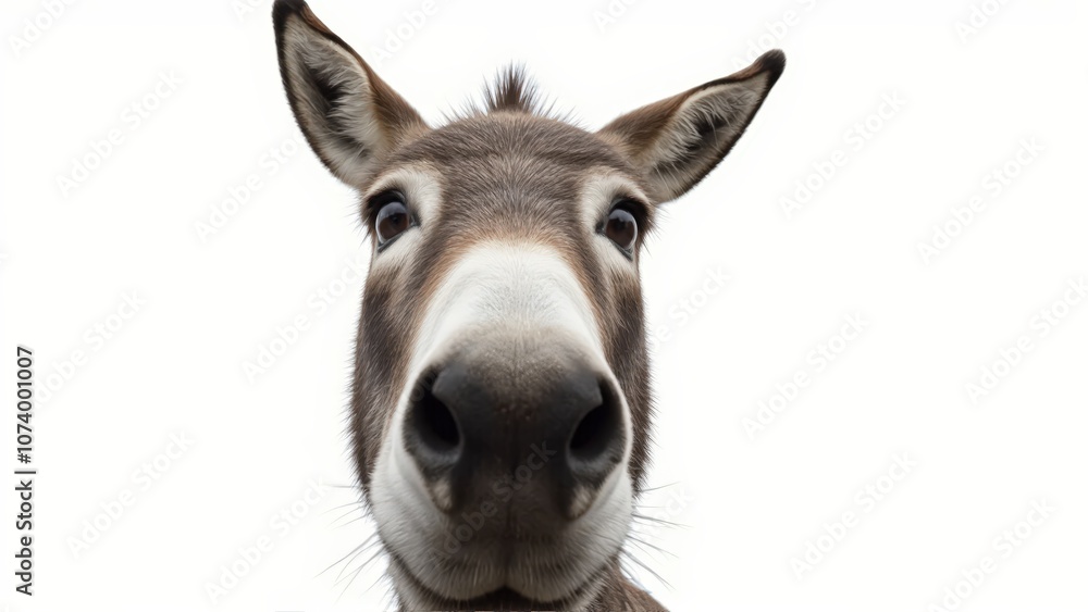 Generative AI, close-up of a gray donkey with soulful eyes against white background Generative AI, close-up of a gray donkey with soulful eyes against white background