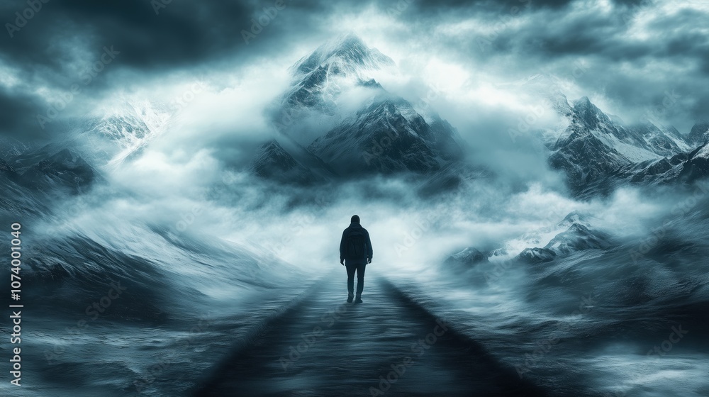 Lone figure facing dramatic mountain landscape shrouded in mist and clouds Lone figure facing dramatic mountain landscape shrouded in mist and clouds