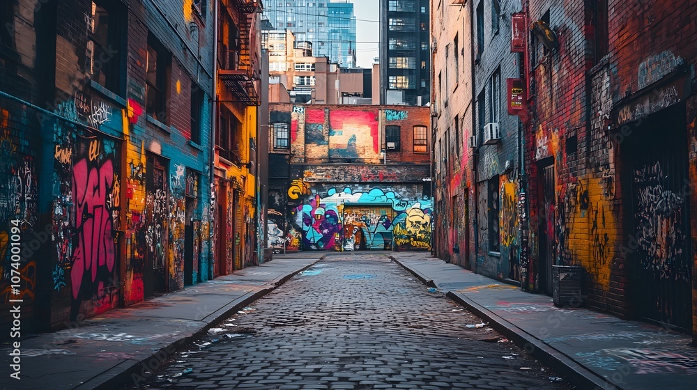 Fototapeta premium An intricate graffiti masterpiece revitalizing an old urban alley, merging futuristic geometric patterns and bright, saturated tones